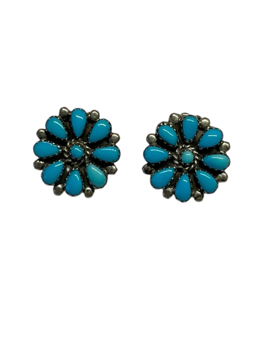Vintage Native American Turquoise Cluster Flower Sterling Silver Clip on Earring
